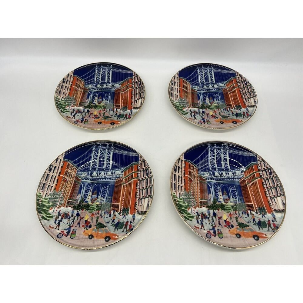 Anthropologie Holiday In The City Stoneware Plate Set of 4 Dessert Plates NYC
